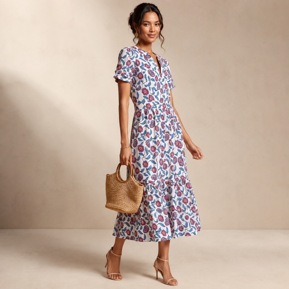 BODEN Women's Maxi Dress 4L White Floral Tiered 100% Linen V-Neck D0849